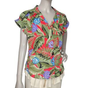 VTG 70s 80s Hawaiian Floral Palm Leaf Blouse Cuffed Sleeves Lucite Buttons NEW